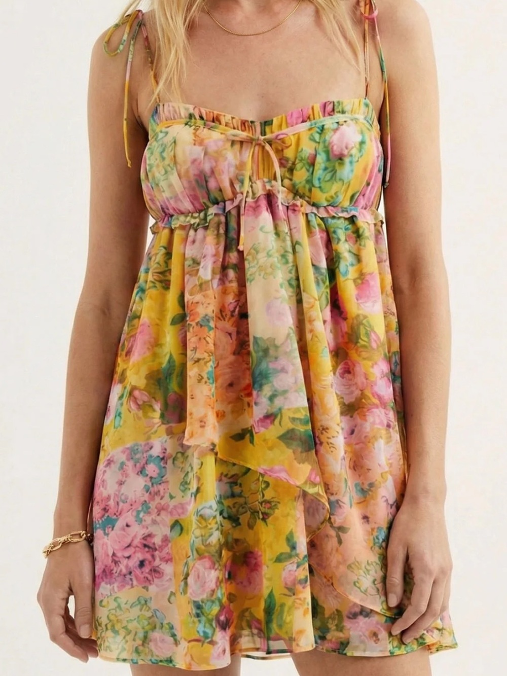 Floral Tie-Shoulder Babydoll Dress - Yellow Pink